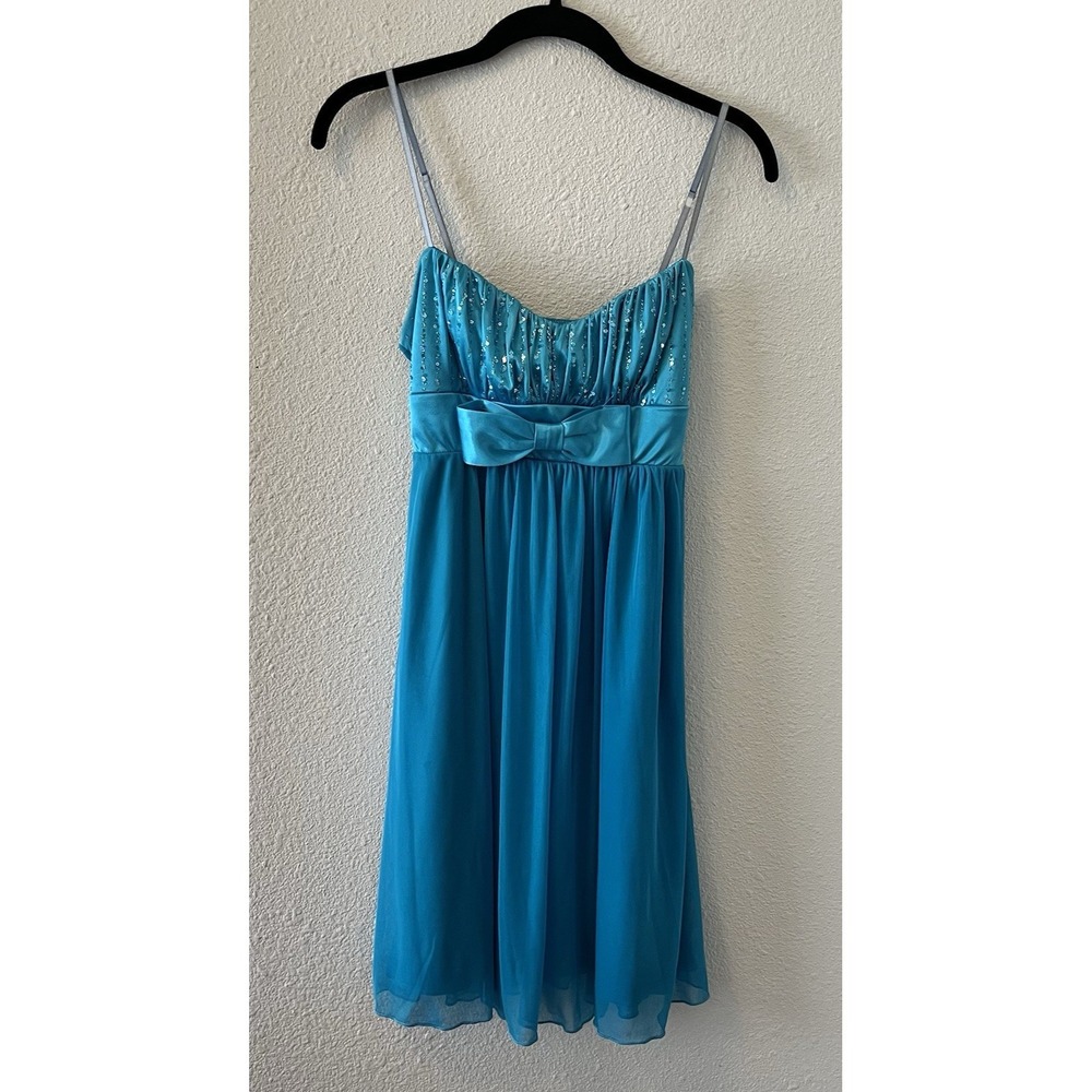 VINTAGE Y2K Ruby Rox Mini Dress Large Sequin Bow Teal Blue Babydoll Cute